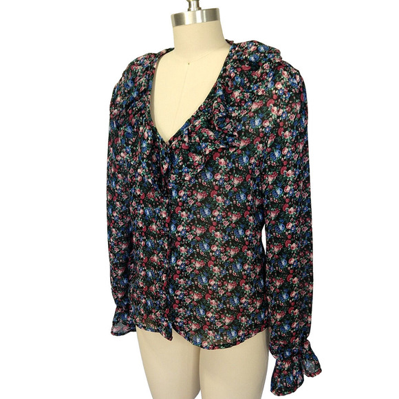 Vintage 90s Dark Floral Paris Blues Peasant Top Size S Ruffle Neck Long Sleeve - Picture 1 of 8
